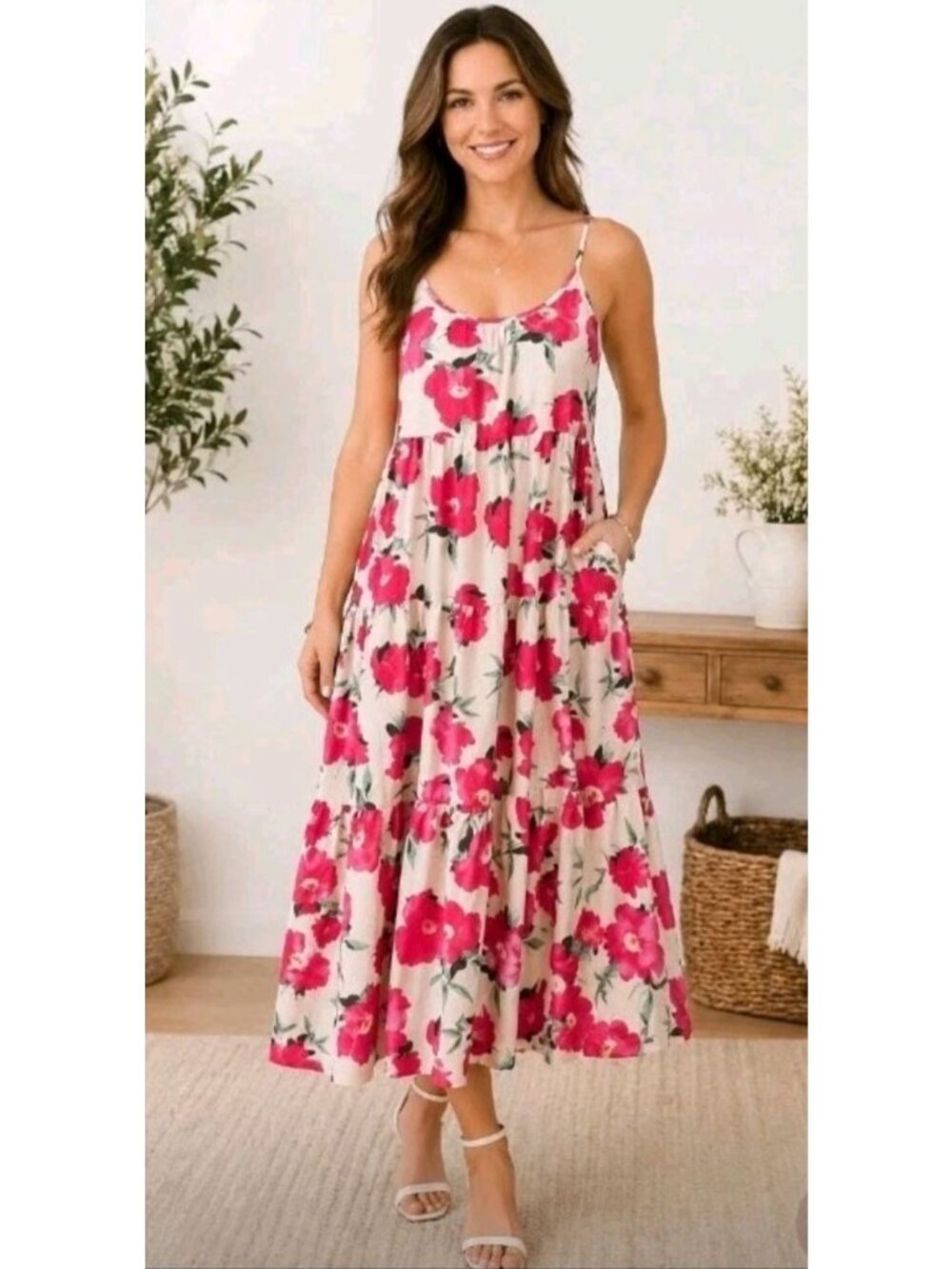 Womens Tiered Midi Dress Floral Ruffle Hem Casual Church Party Size S Pockets